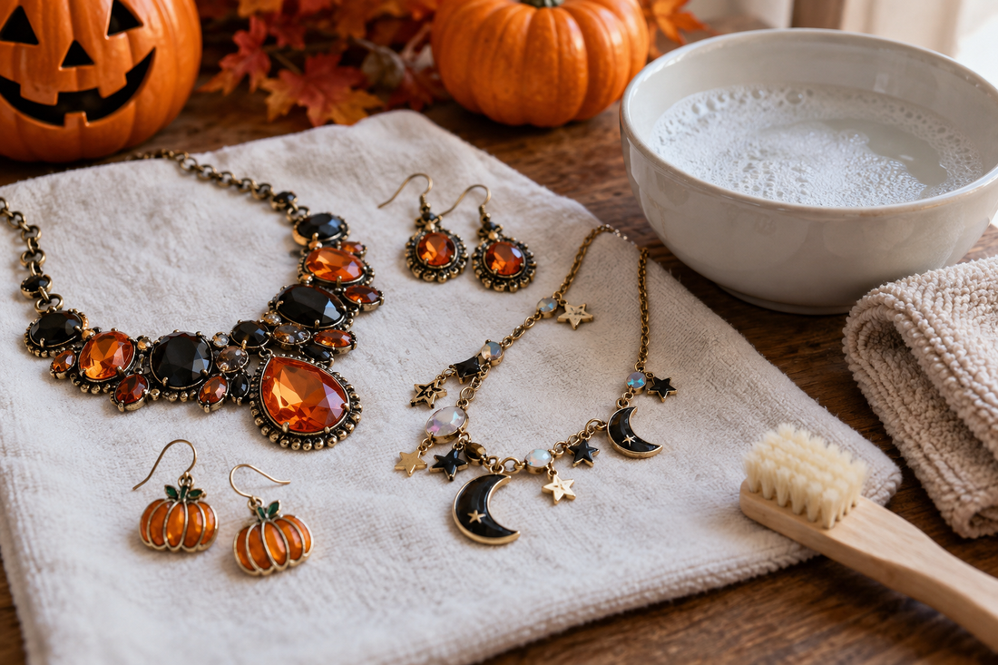 AI illustration of Halloween costume jewelry arranged beside a hand-cleaning bowl