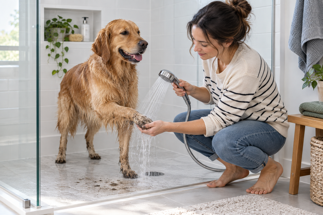 AI illustration of a homeowner rinsing a muddy pet's paws with a handheld shower