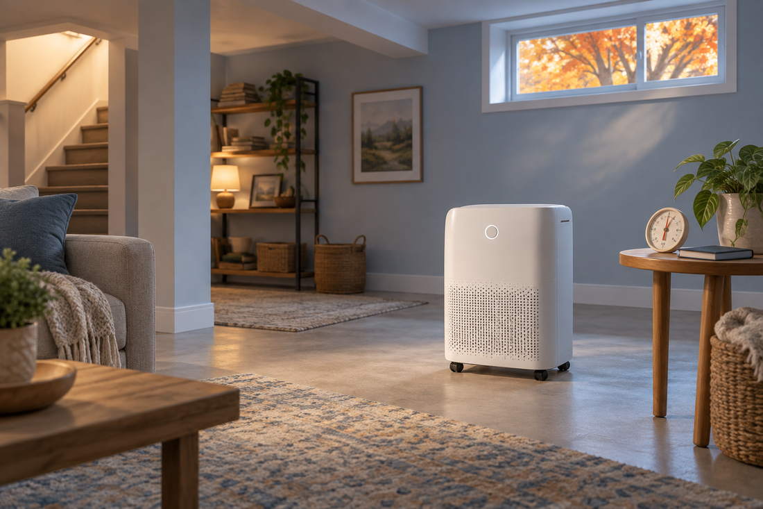 AI illustration of a compact dehumidifier and an observation notebook in a cool autumn basement
