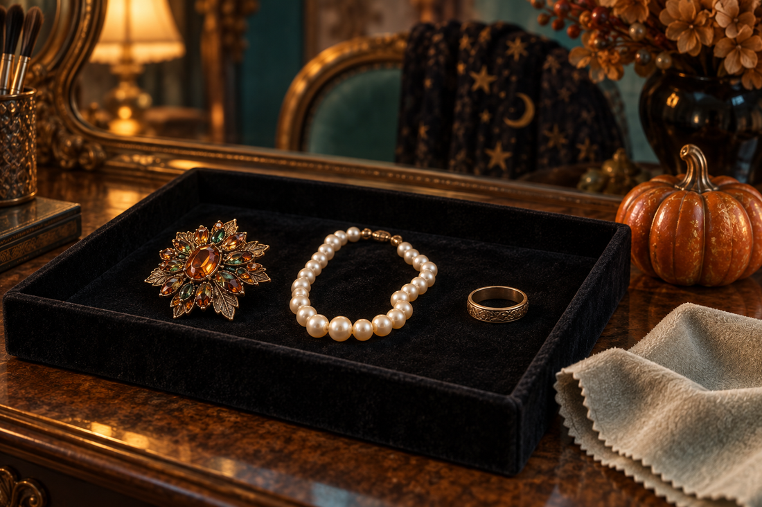 AI-generated illustration of costume jewelry sorted on a dry tray before cleaning
