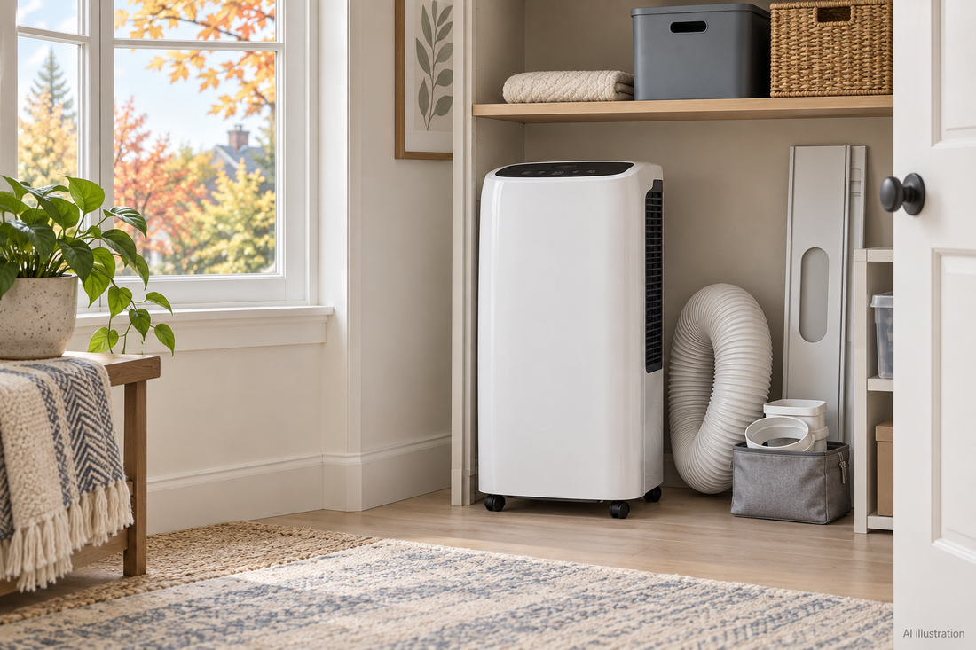 AI illustration: a switched-off upright portable air conditioner with exhaust hose and window accessories ready for seasonal storage