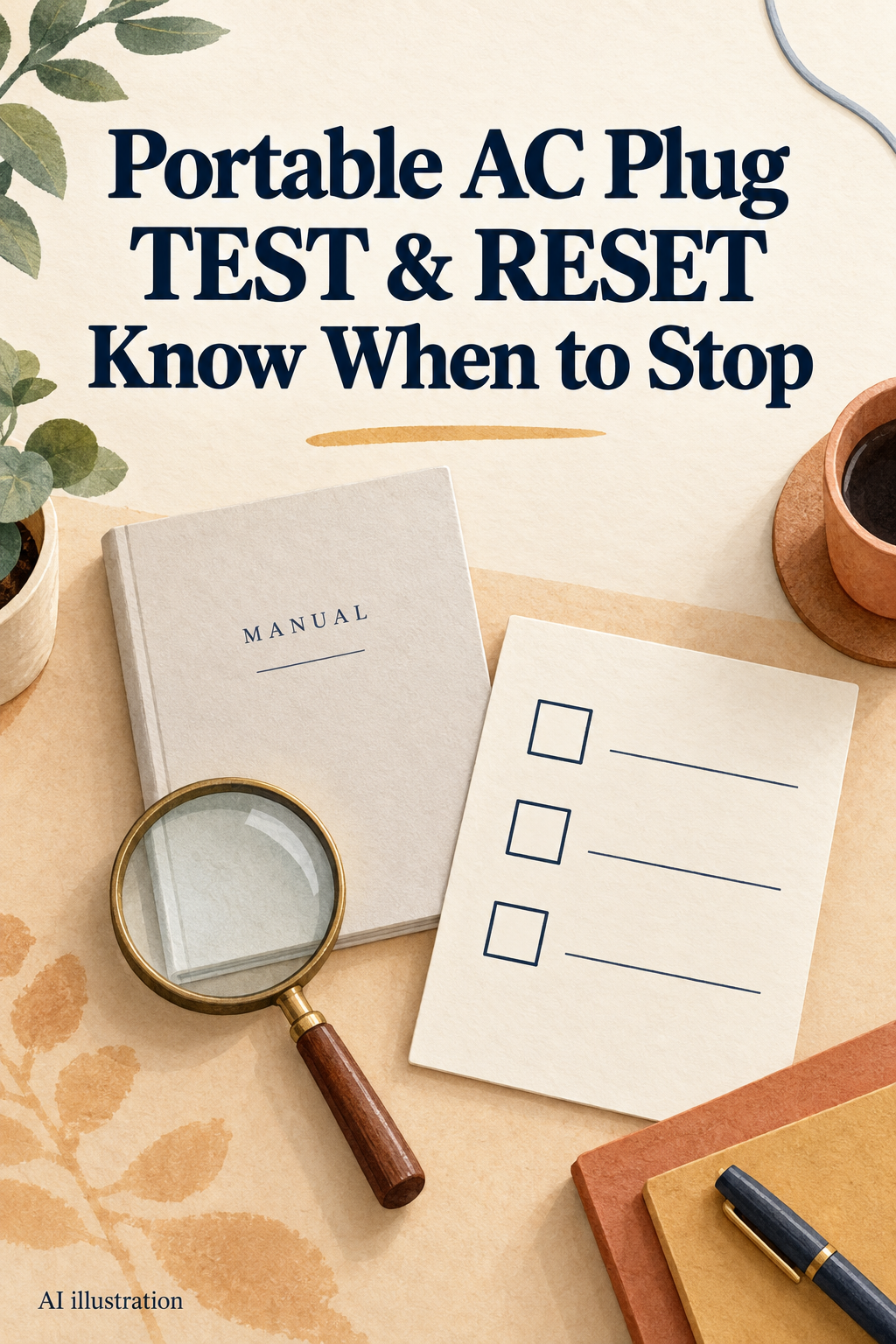 AI illustration of a manual, checklist and magnifying glass, with the words Portable AC Plug TEST & RESET Know When to Stop.