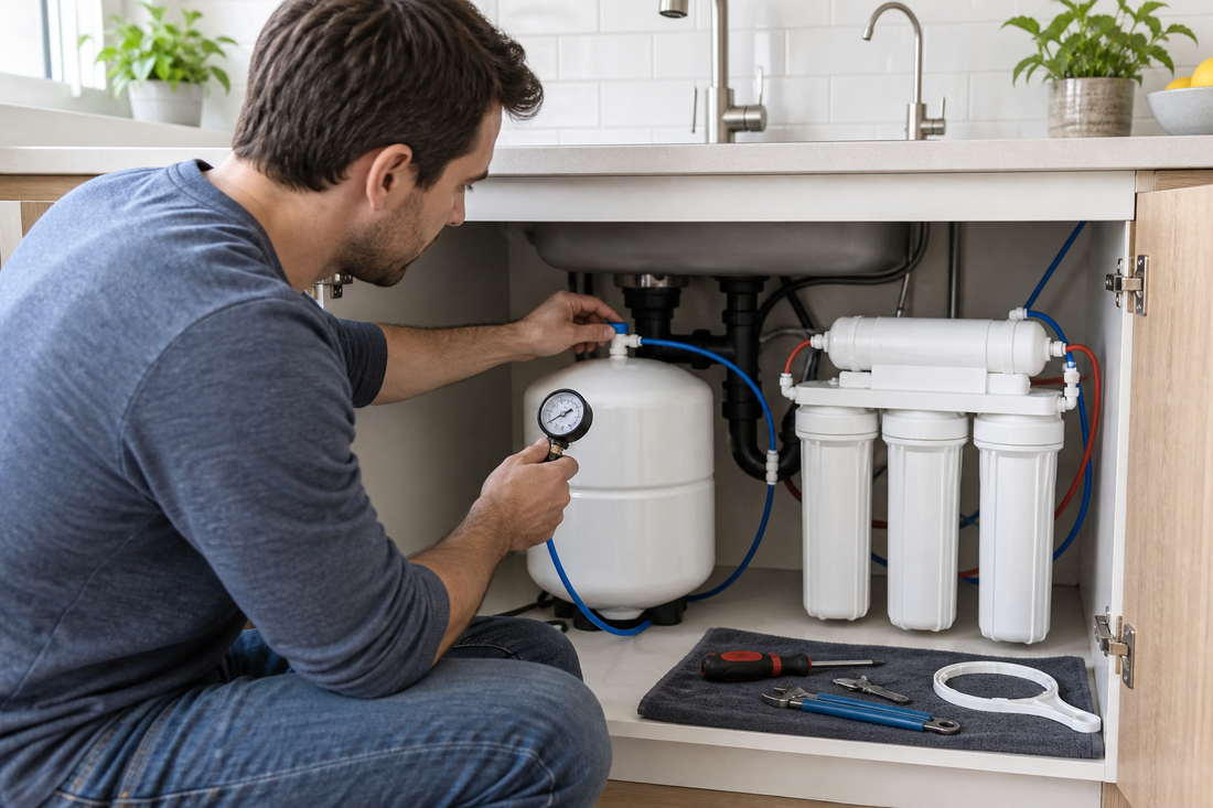 AI-generated illustration of checking low flow at an under-sink reverse osmosis faucet