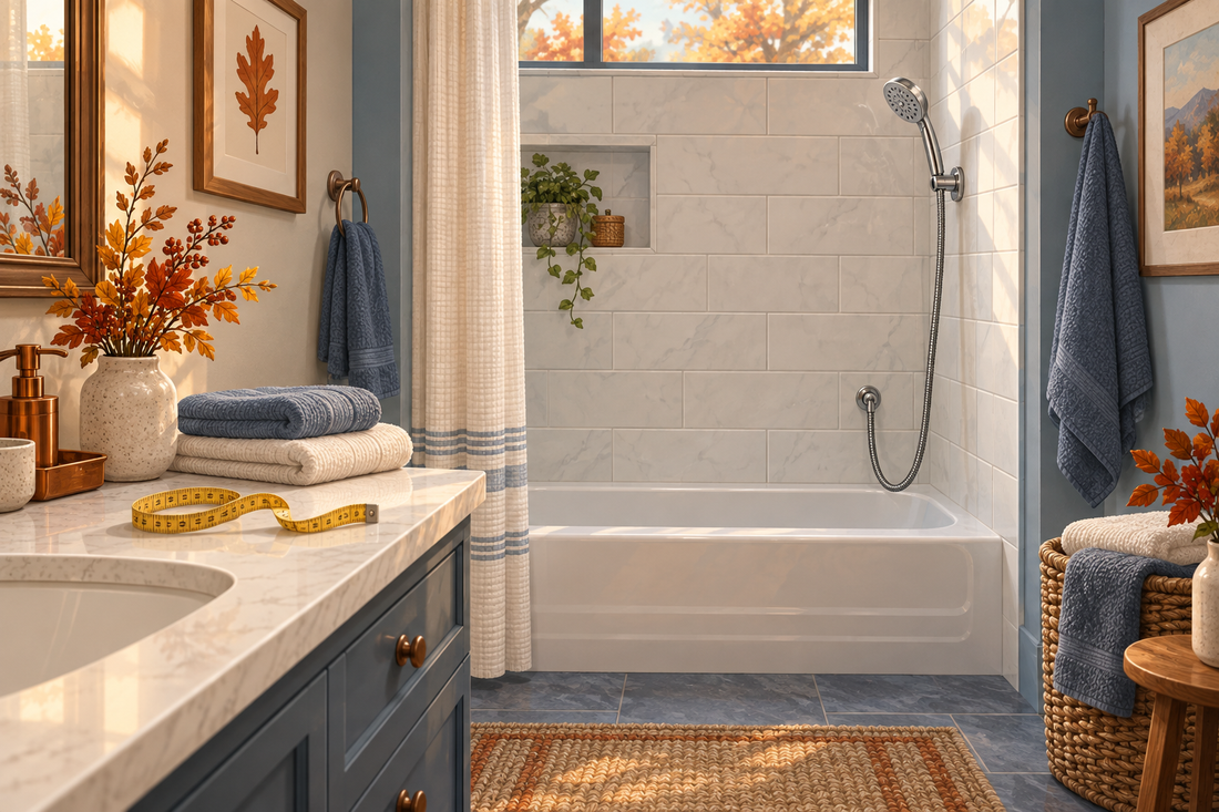 AI illustration of a dry guest bathroom with a handheld shower, a relaxed hose curve and a tape measure resting on the counter