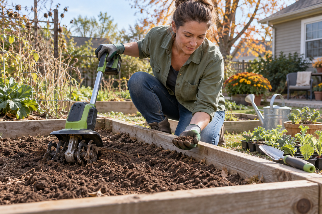 AI-generated illustration of shallow soil preparation for fall planting; not an official product photo or performance test