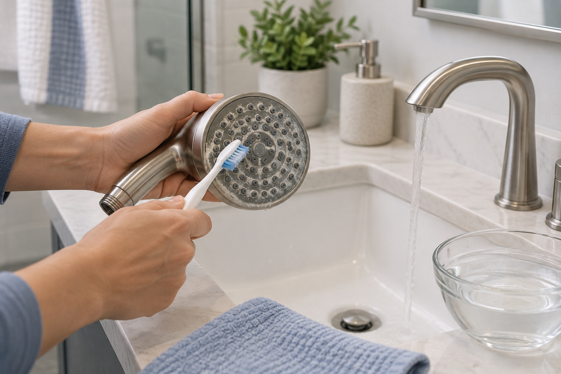 AI illustration of safely cleaning mineral buildup from a shower head