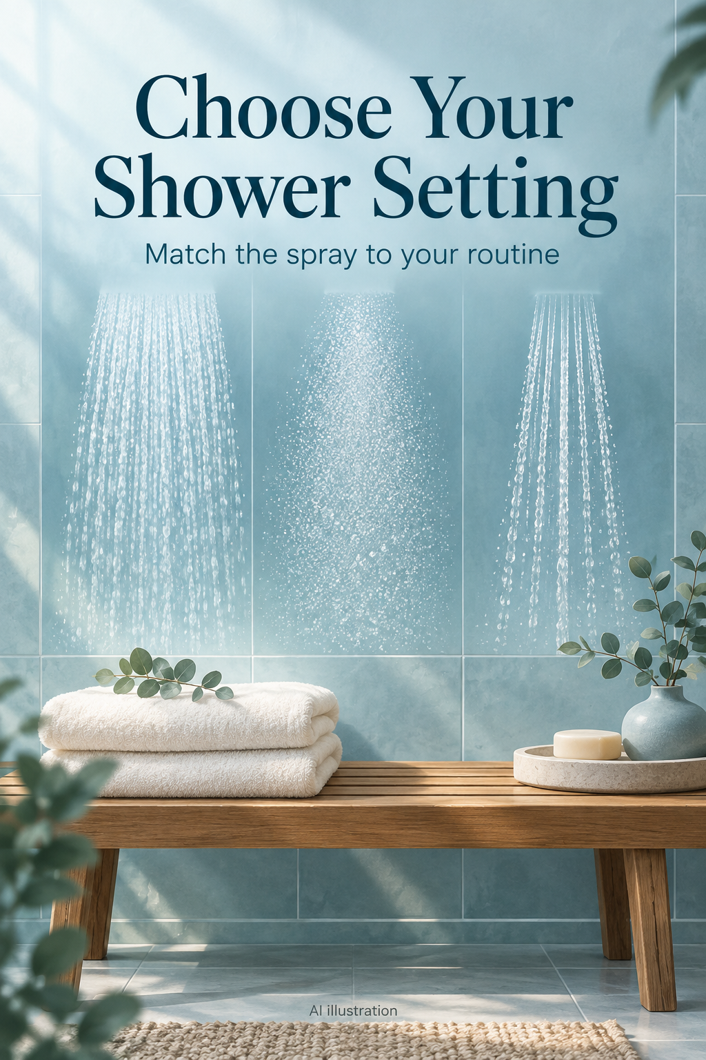 AI illustration of water-pattern motifs above a bathroom bench, with the words Choose Your Shower Setting.