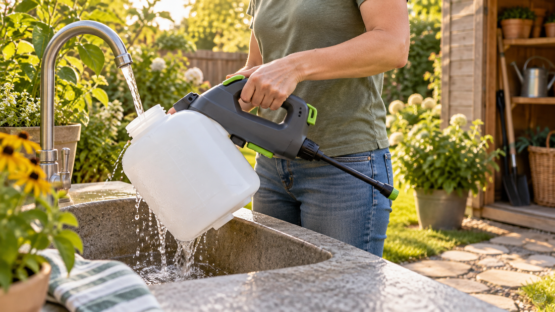 AI illustration of a cordless garden sprayer being rinsed after hot dry weather