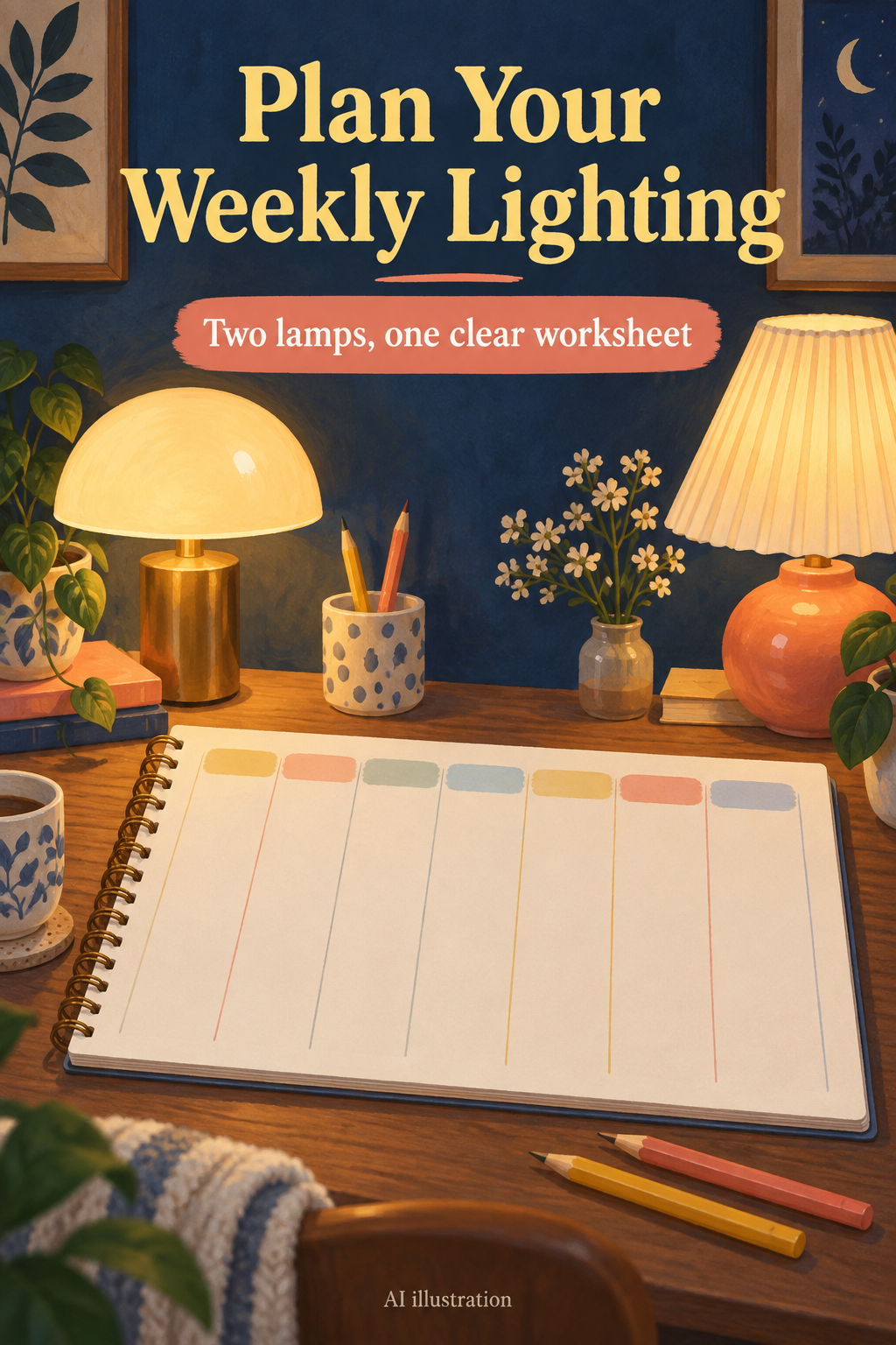 AI illustration of two lamps and a weekly planning notebook, with the words Plan Your Weekly Lighting.