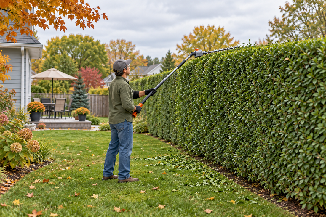 AI-generated illustration of ground-based fall hedge trimming with a cordless pole hedge trimmer