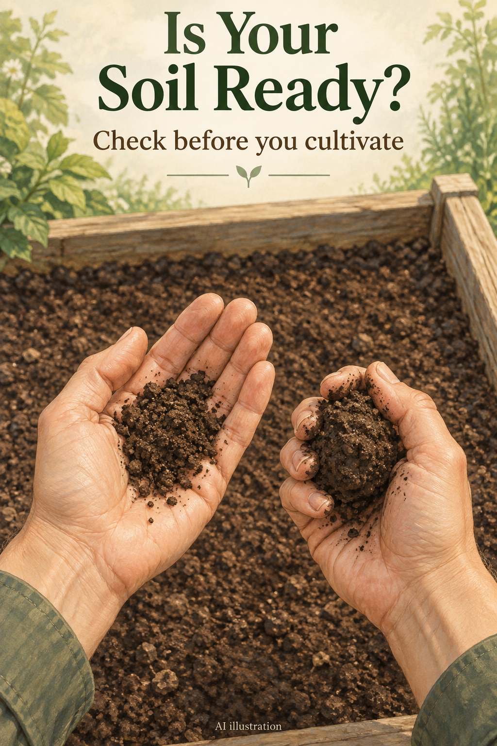 AI illustration of hands holding crumbly soil and a cohesive soil clump above an empty garden bed.