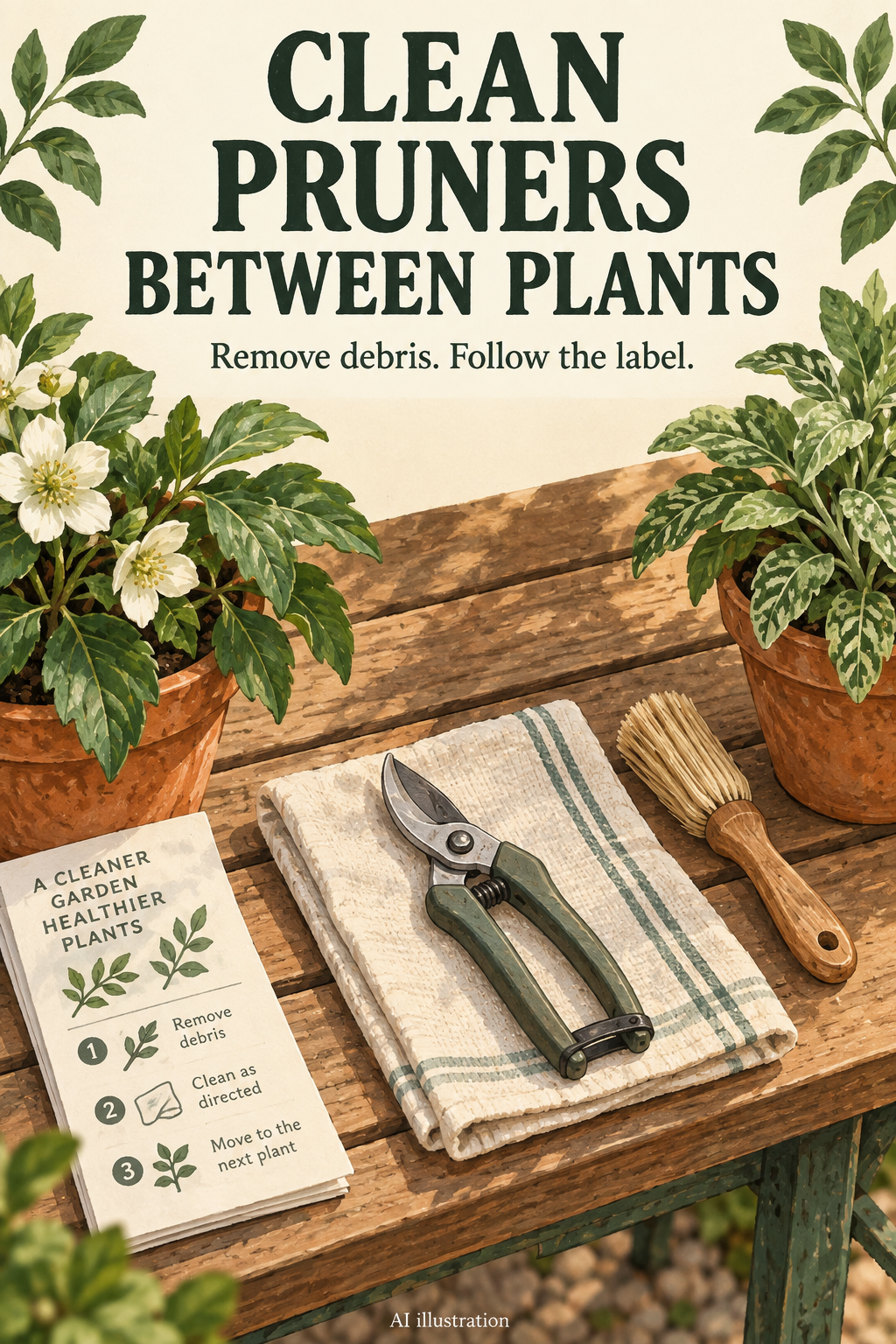AI illustration of a garden tool care station with closed hand pruners, cloth and separated plants.