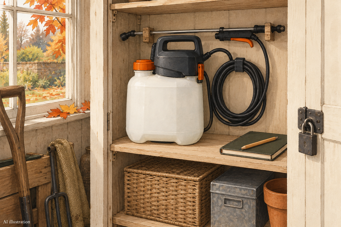 AI illustration of a generic garden sprayer stored in a dry cabinet beside a maintenance notebook.