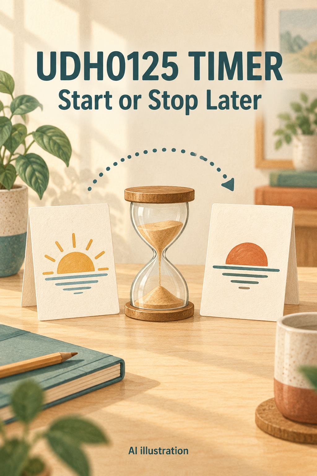 AI illustration of sunrise and sunset reminder cards with an hourglass, representing a UDH0125 delayed start or stop; no appliance controls shown.
