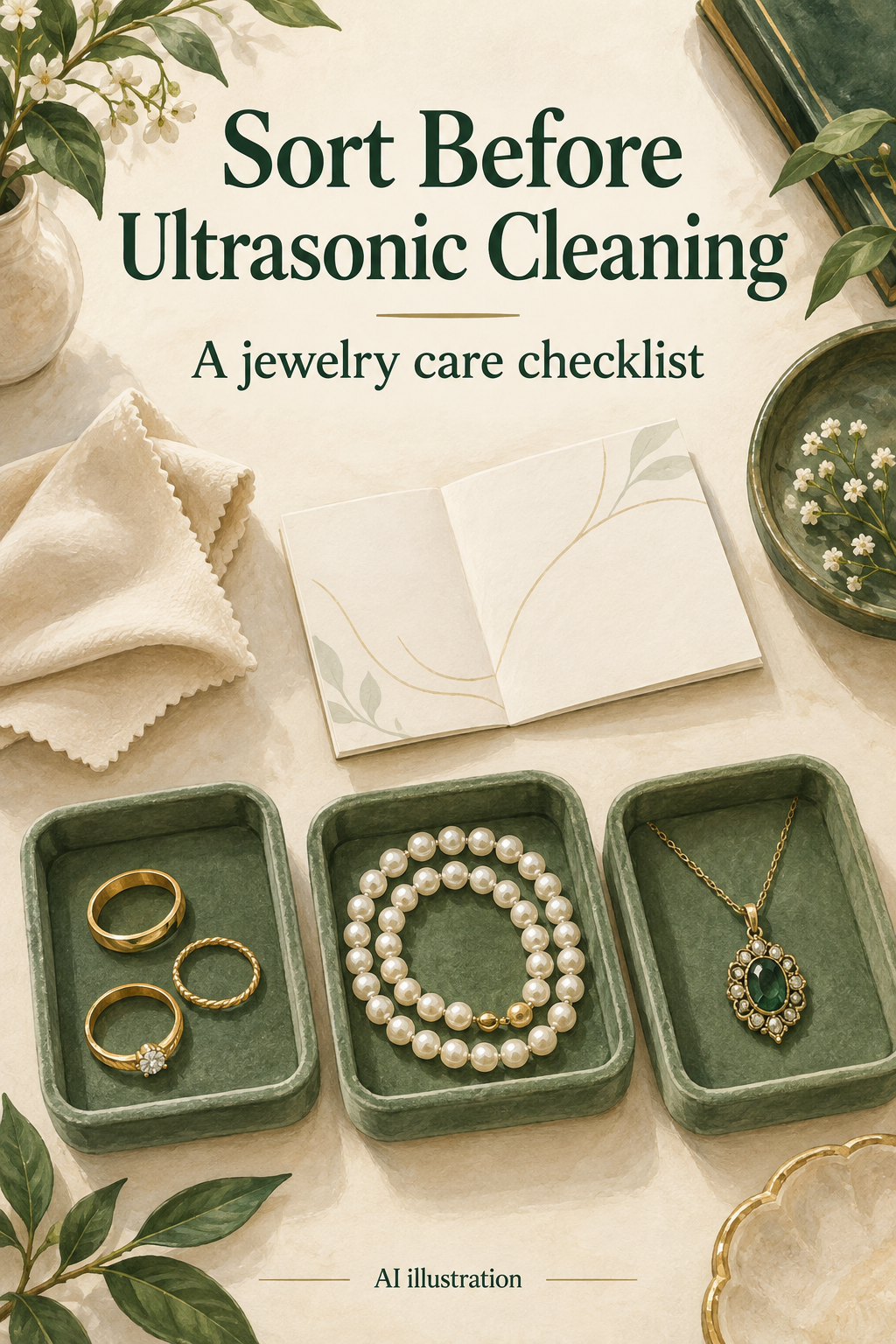 AI illustration of rings, pearls, and a pendant in separate trays for a before-cleaning jewelry sorting checklist.