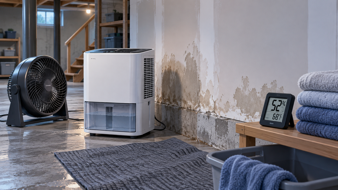AI illustration of a dehumidifier drying a basement after a leak