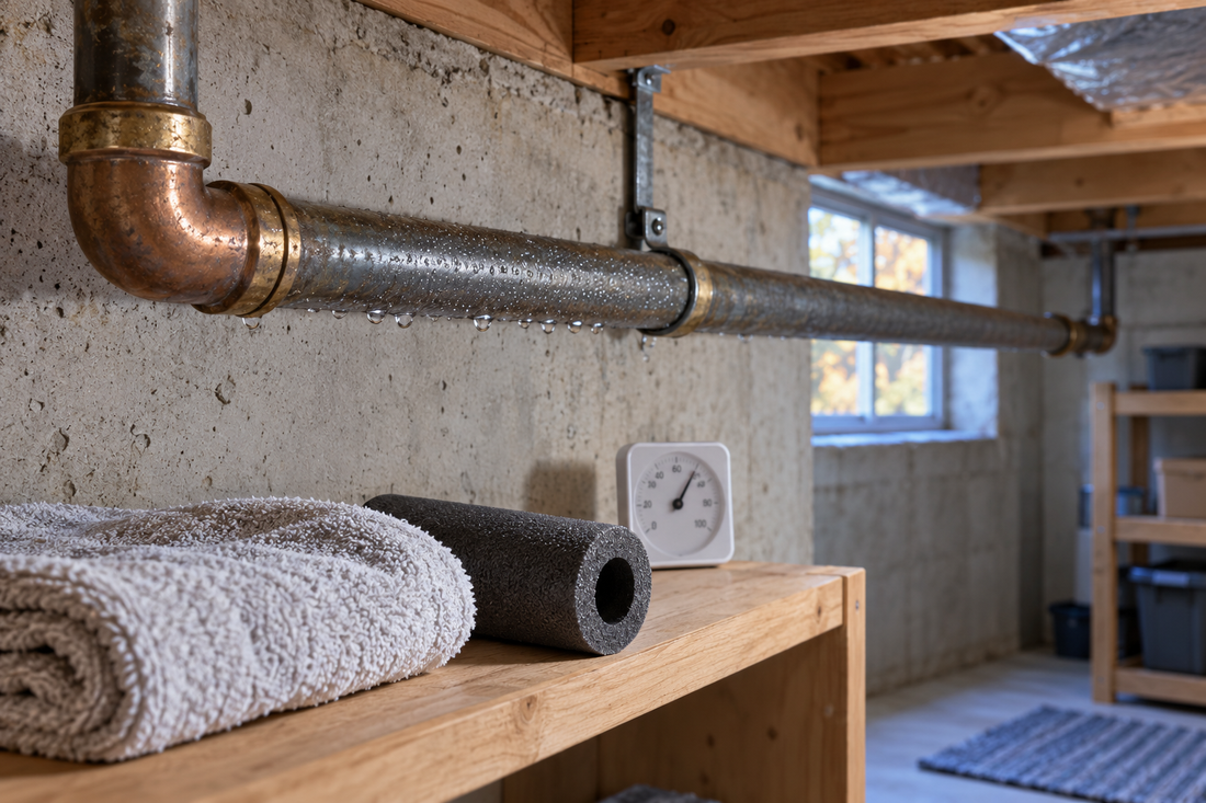 AI illustration of condensation on an exposed cold water pipe in an autumn basement, with a hygrometer and pipe sleeve nearby