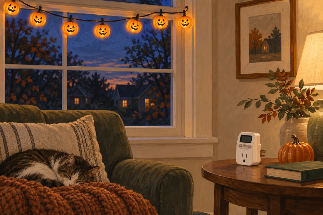AI illustration of Halloween window lights and a generic unplugged timer on a side table; not an installation diagram.