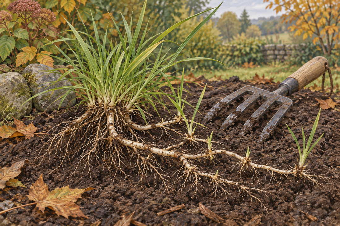 AI-generated illustration of creeping grass rhizomes lifted onto garden soil beside a hand fork; not a definitive quackgrass identification photograph