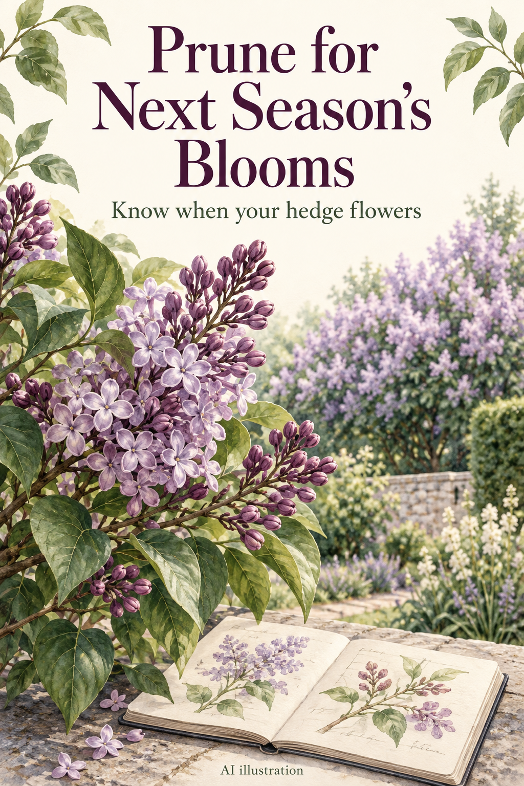 AI botanical illustration of a flowering hedge and budding stems, with the words Prune for Next Season’s Blooms.