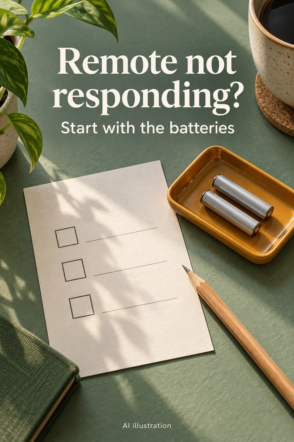AI illustration of two unbranded batteries, a checklist and pencil, with the words Remote not responding? Start with the batteries