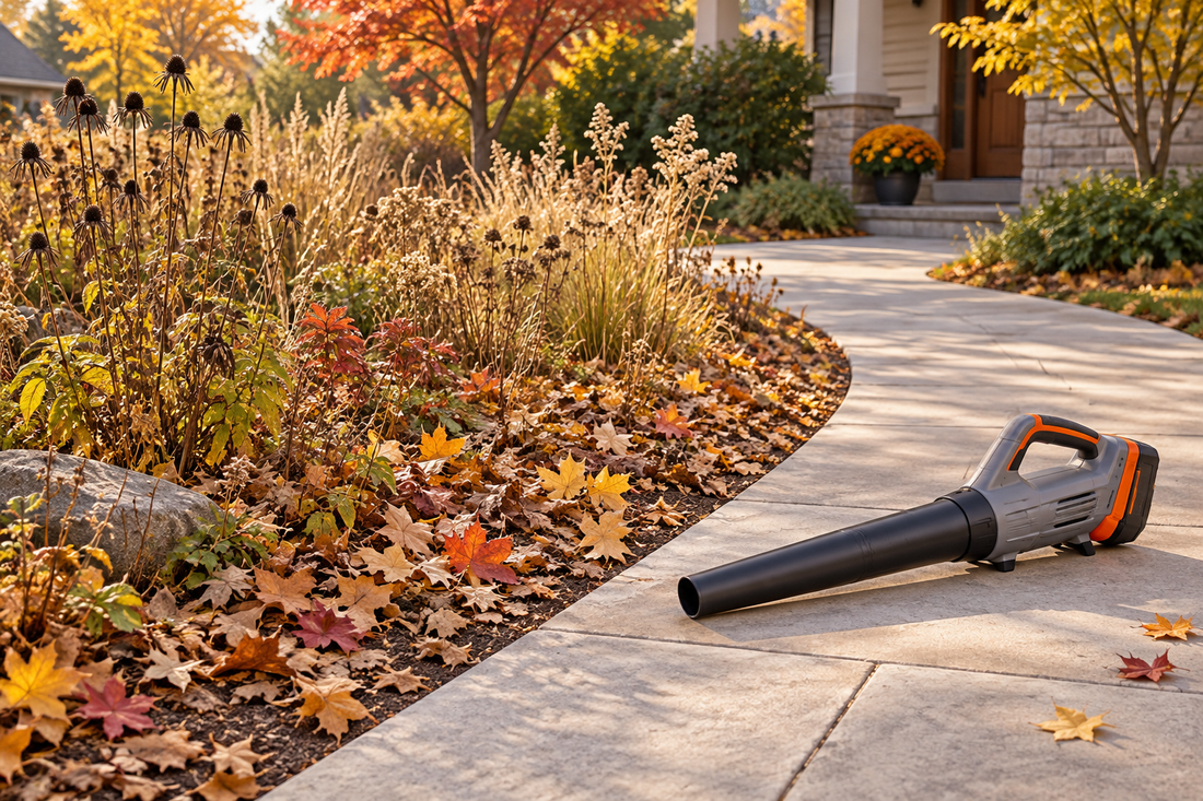AI illustration of a cleared walkway beside leaf-covered habitat with a switched-off blower