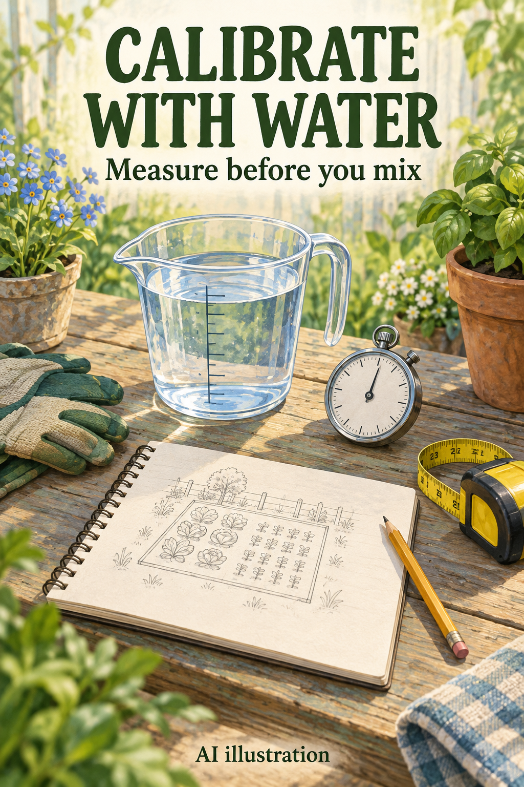 AI illustration of clear water in a measuring jug, a stopwatch, and a garden notebook, with the words Calibrate with Water; no product or real test is depicted.