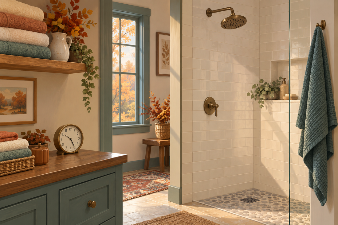 AI illustration of an autumn guest bathroom with towels, a clock and a generic fixed showerhead; not a product or performance photograph.