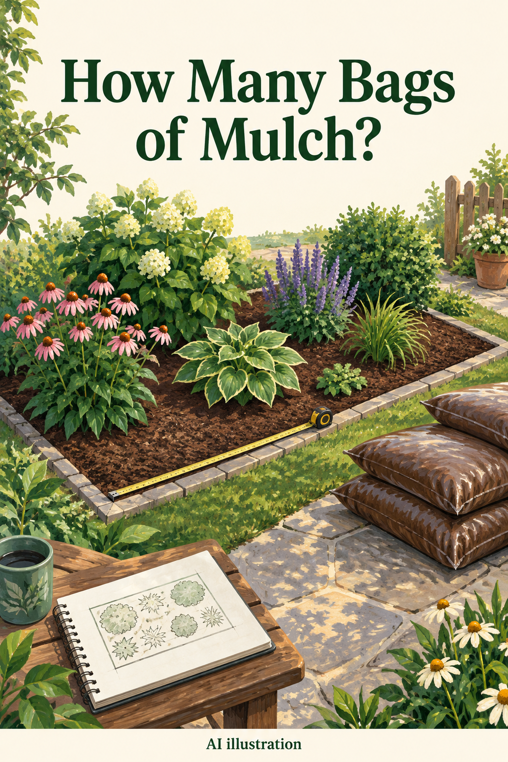 AI illustration of a measured garden bed, mulch bags and a planning sketch, with How Many Bags of Mulch? text; not an included-accessory photo.