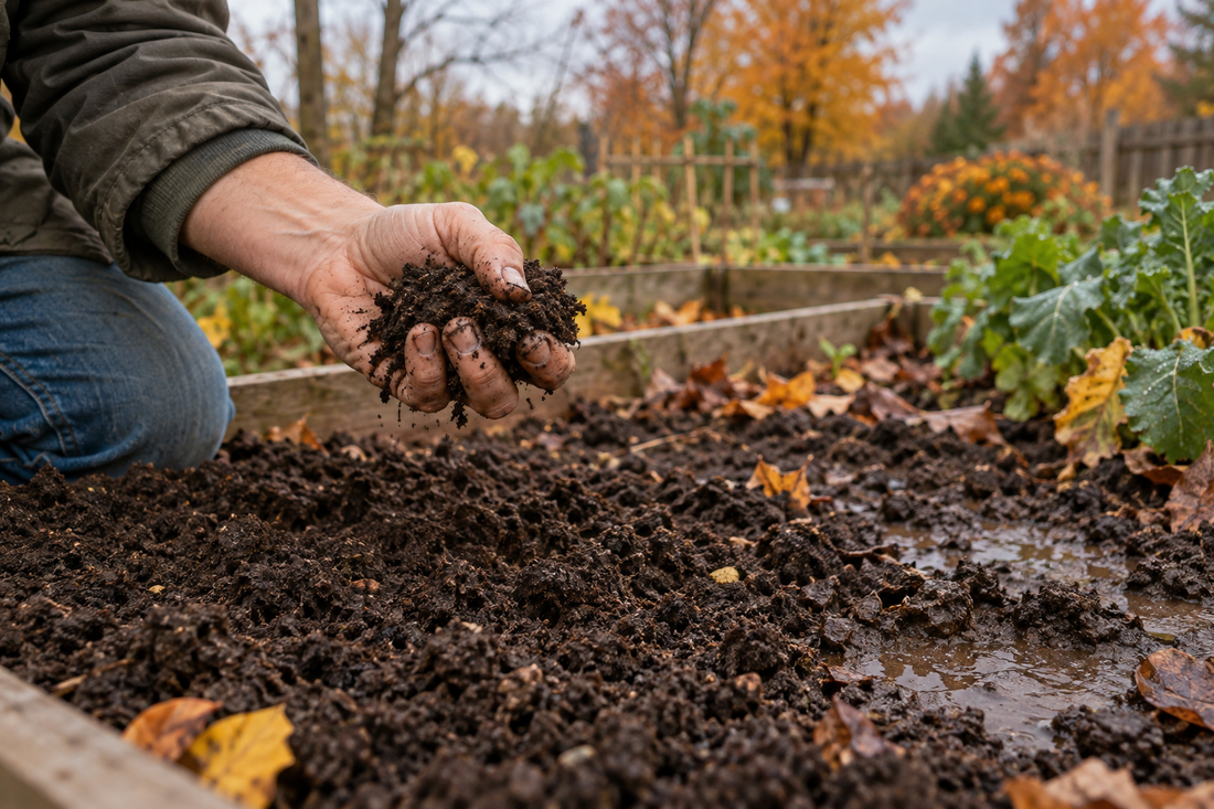 AI illustration of a gardener checking crumbly soil by hand in an autumn raised bed