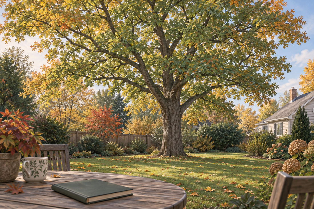AI-generated illustration of a mature shade tree with an intact natural crown in an autumn backyard.