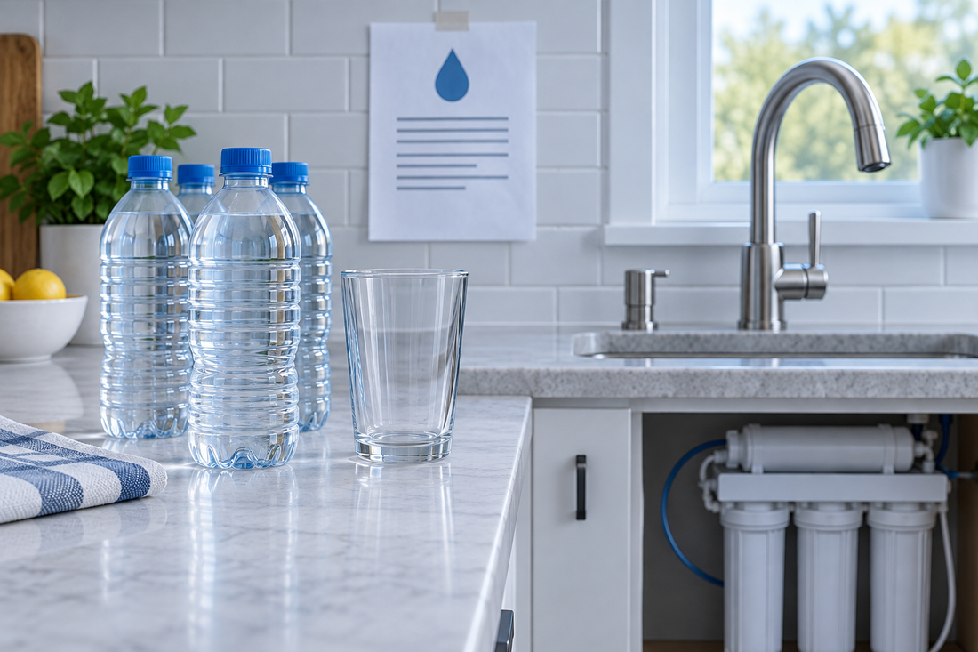AI illustration of emergency bottled water beside a generic kitchen filter; not a UKOKE product photograph