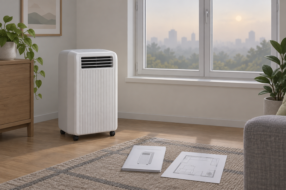 AI conceptual illustration of an inactive portable AC near a closed window during hazy weather