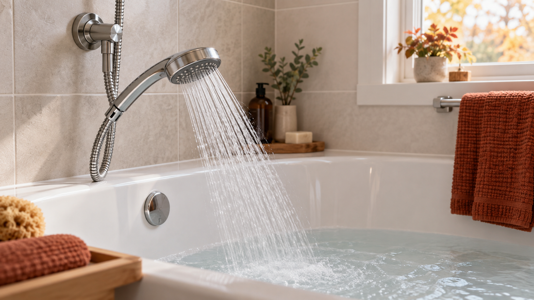 AI-generated illustration of a handheld shower head angled into a bathtub