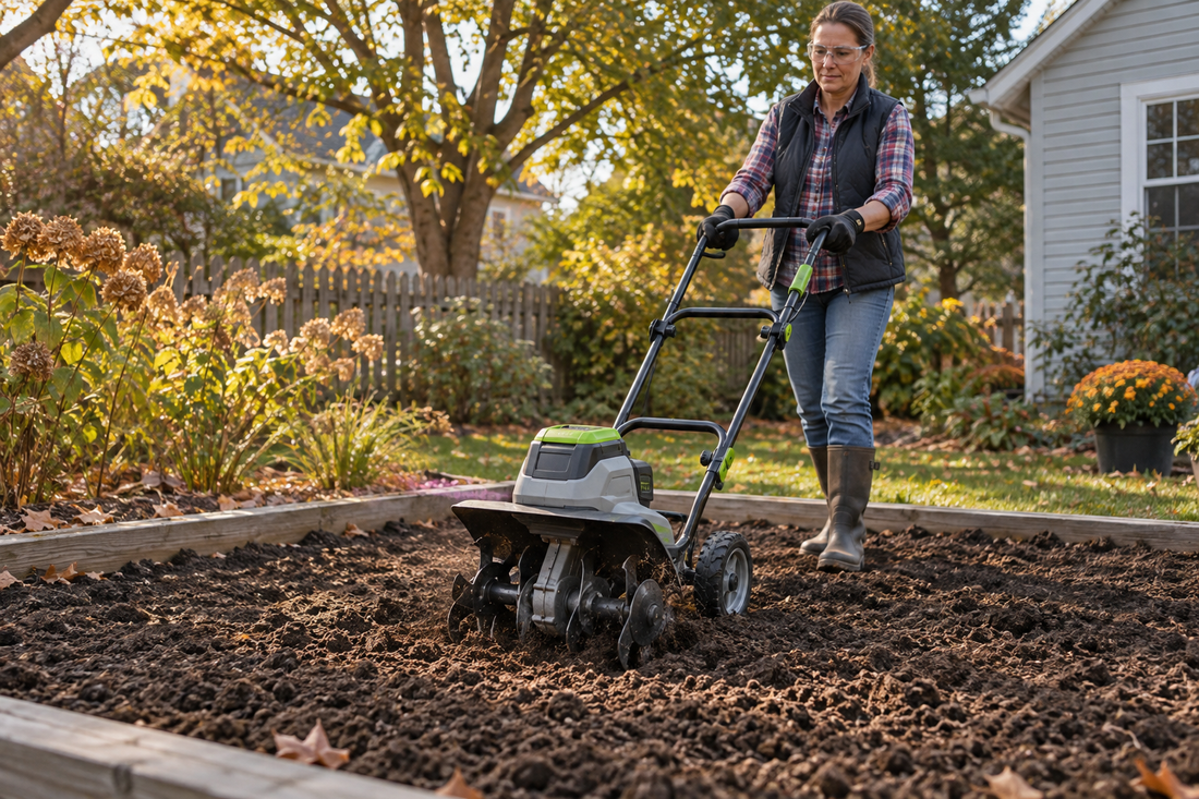 AI illustrative fall garden scene showing safe shallow cultivation of a small bed with dry crumbly soil