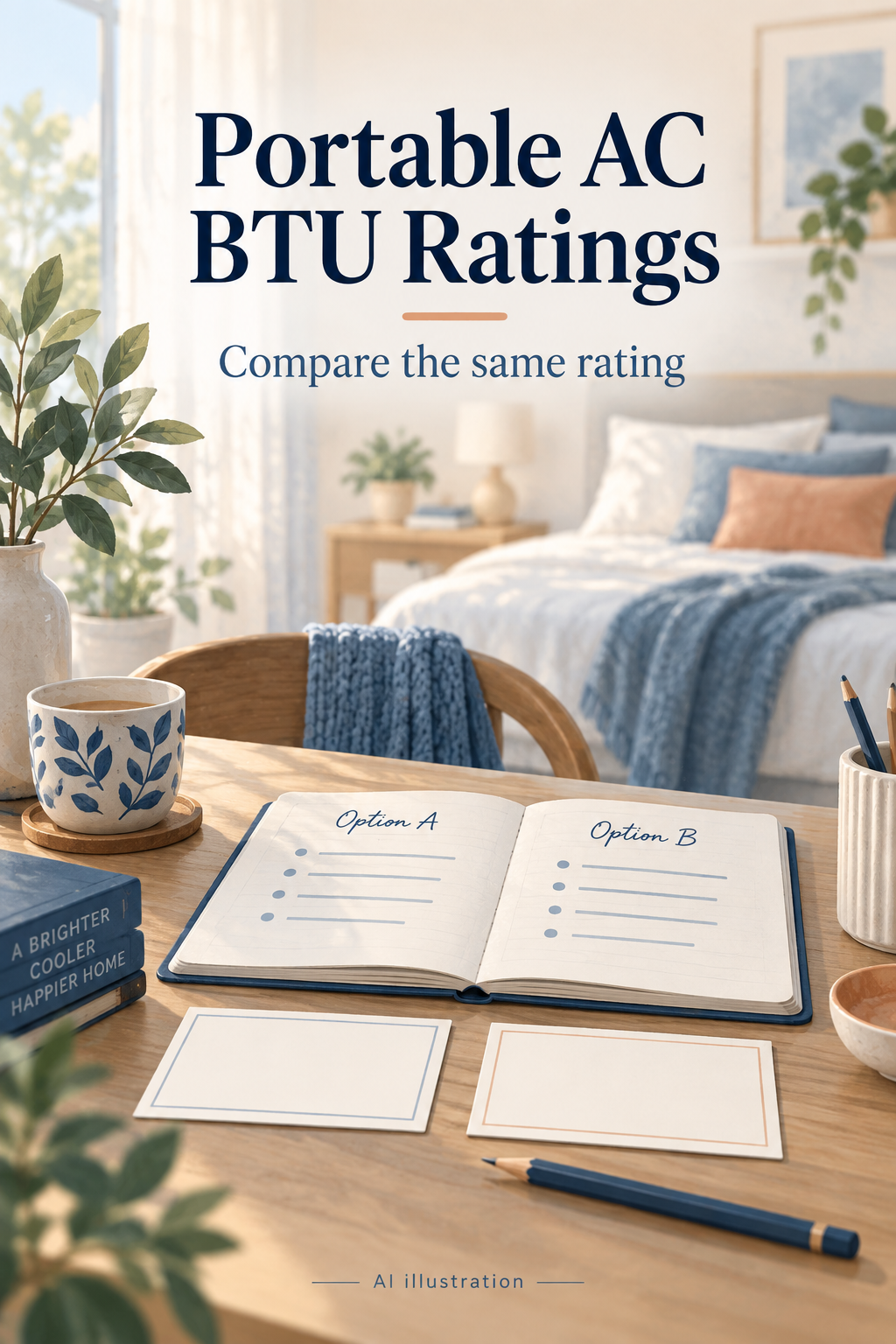 AI illustration of a comparison notebook in a bedroom, with the words Portable AC BTU Ratings.