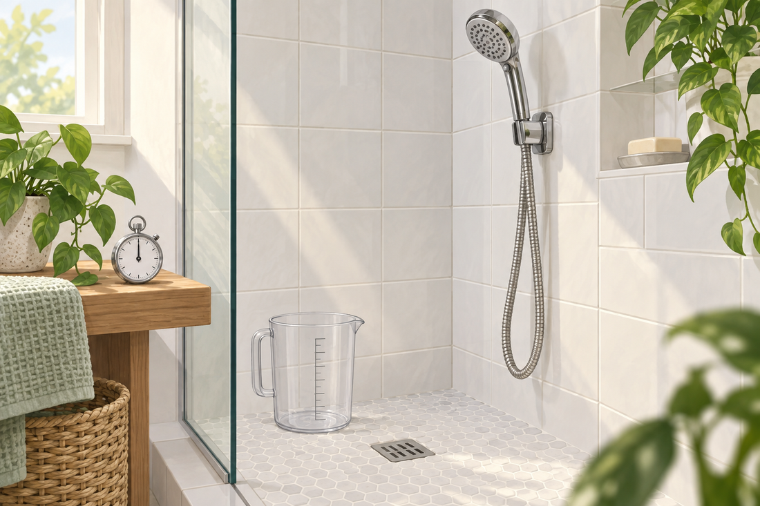 AI-generated illustration of a showerhead, measuring container and stopwatch for a household flow check.