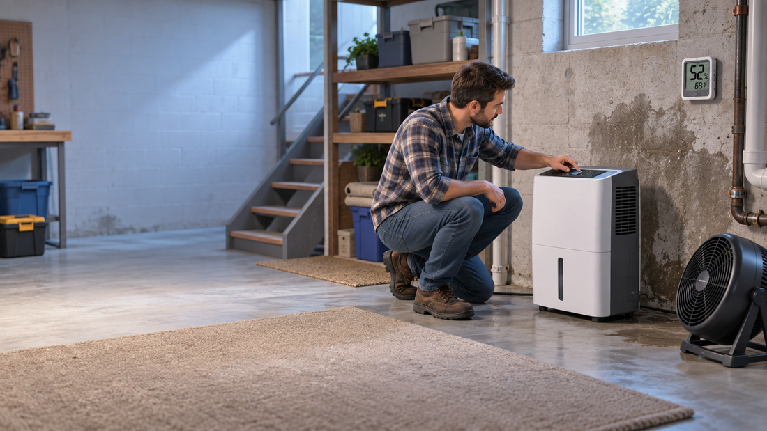 AI illustration of a dehumidifier drying a basement after a small leak