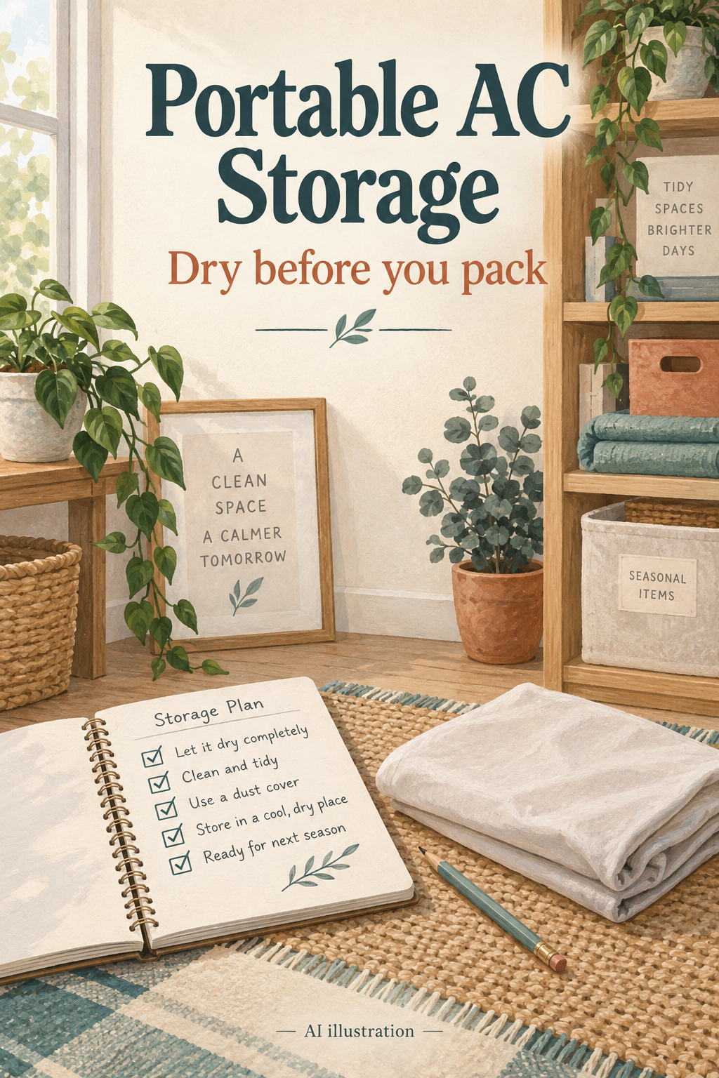 AI illustration of an indoor storage nook and checklist, with the words Portable AC Storage and Dry before you pack.