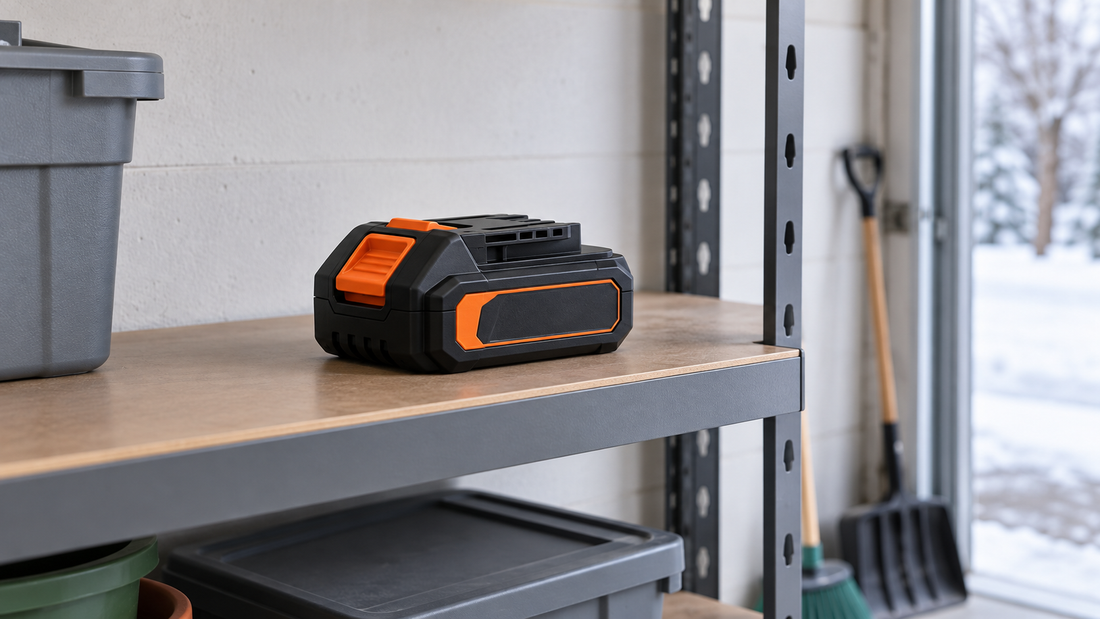 AI-generated illustration of a cordless battery resting on a dry indoor shelf away from heat and metal objects; not a product photo.