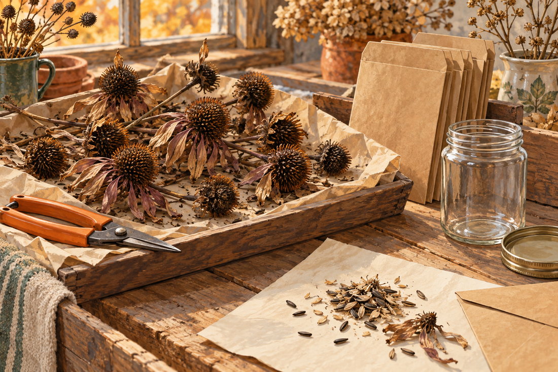 AI-generated illustration of dry flower seed heads, paper envelopes and an open empty storage jar beside closed garden snips