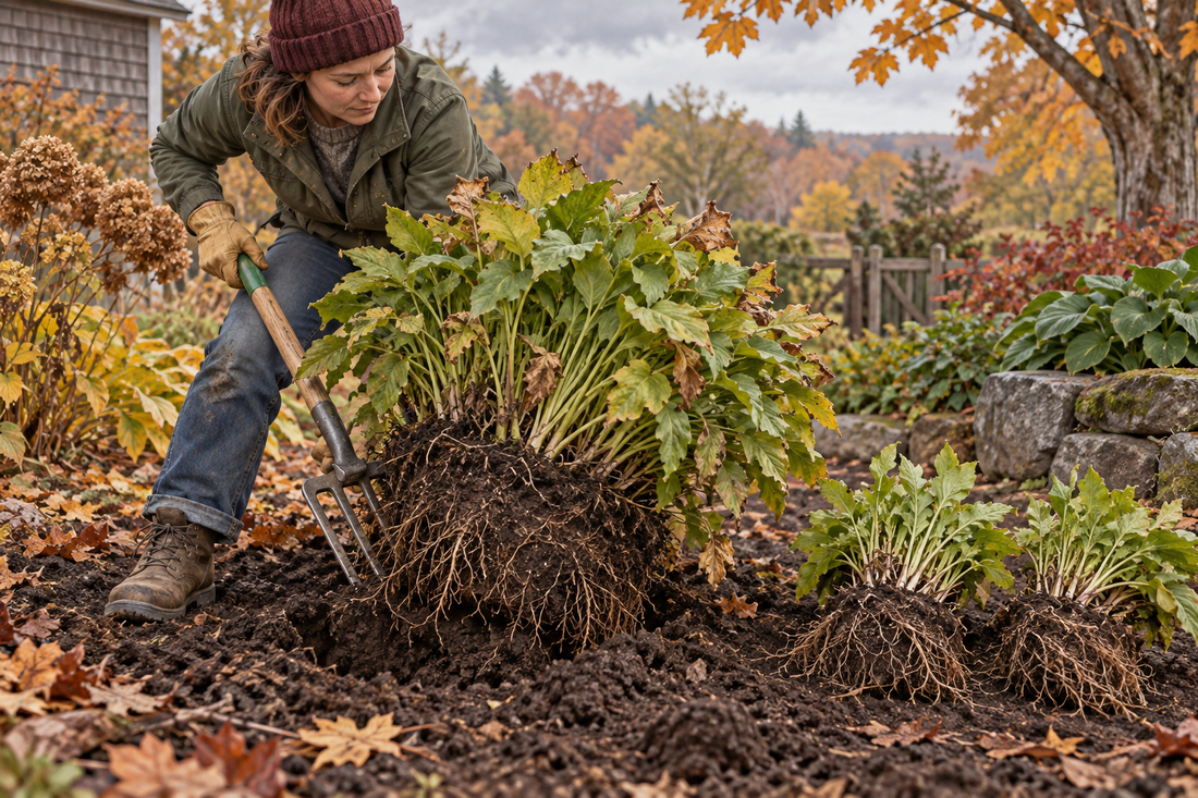 AI-generated illustration of a gardener lifting an established perennial clump and setting smaller divisions in a fall garden; not a species-specific instruction.
