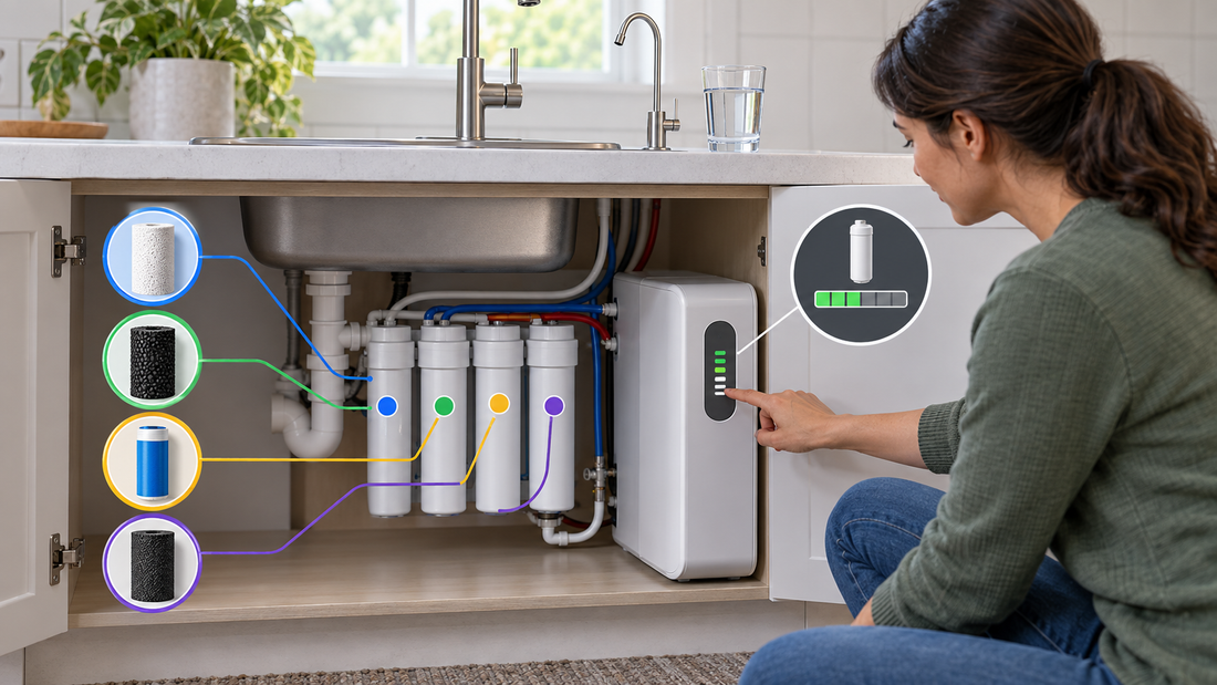 AI-generated illustrative under-sink reverse osmosis filter replacement scene
