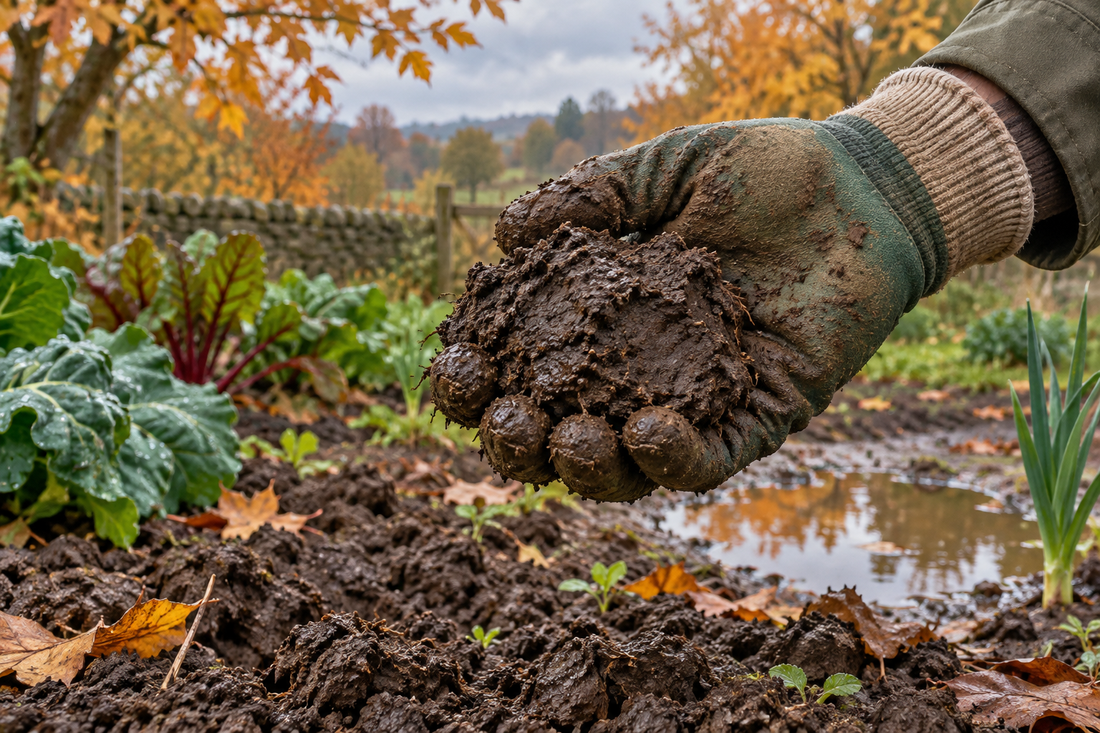 AI illustration of a gloved hand checking wet garden soil after autumn rain