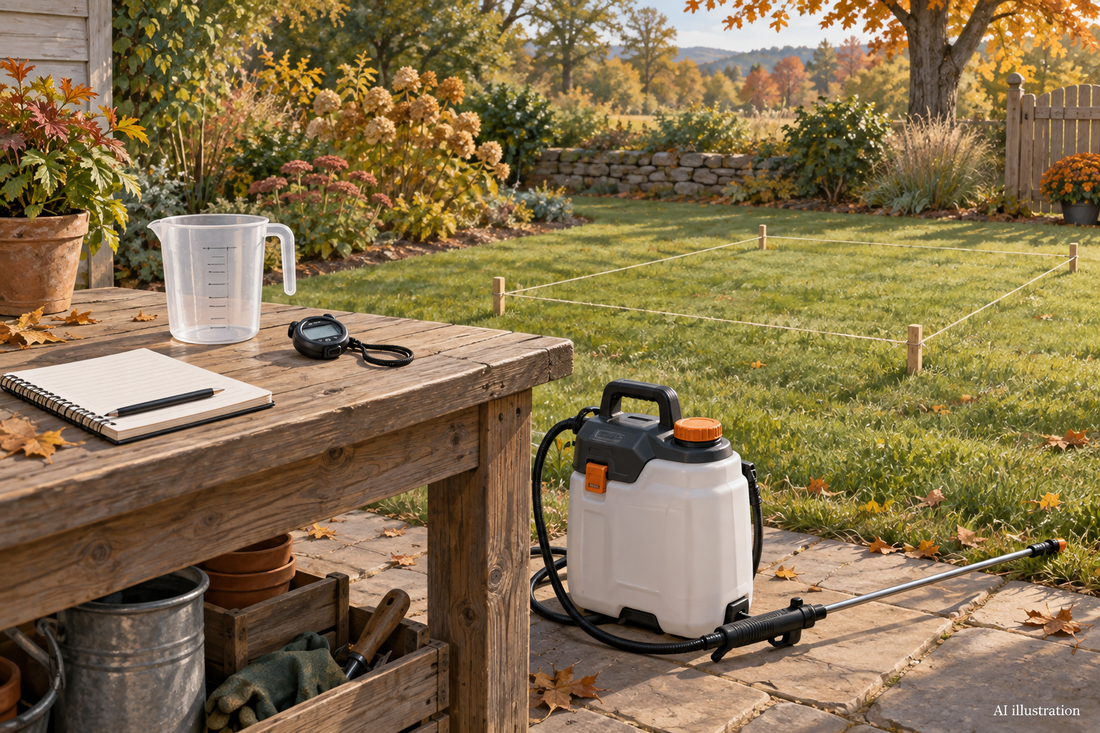 AI illustration of a parked garden sprayer, measuring jug, stopwatch, and marked lawn area for a plain-water calibration plan