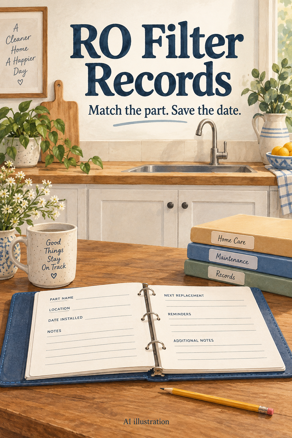 AI illustration of an open maintenance binder near a kitchen sink, with RO Filter Records and Match the part. Save the date. text.