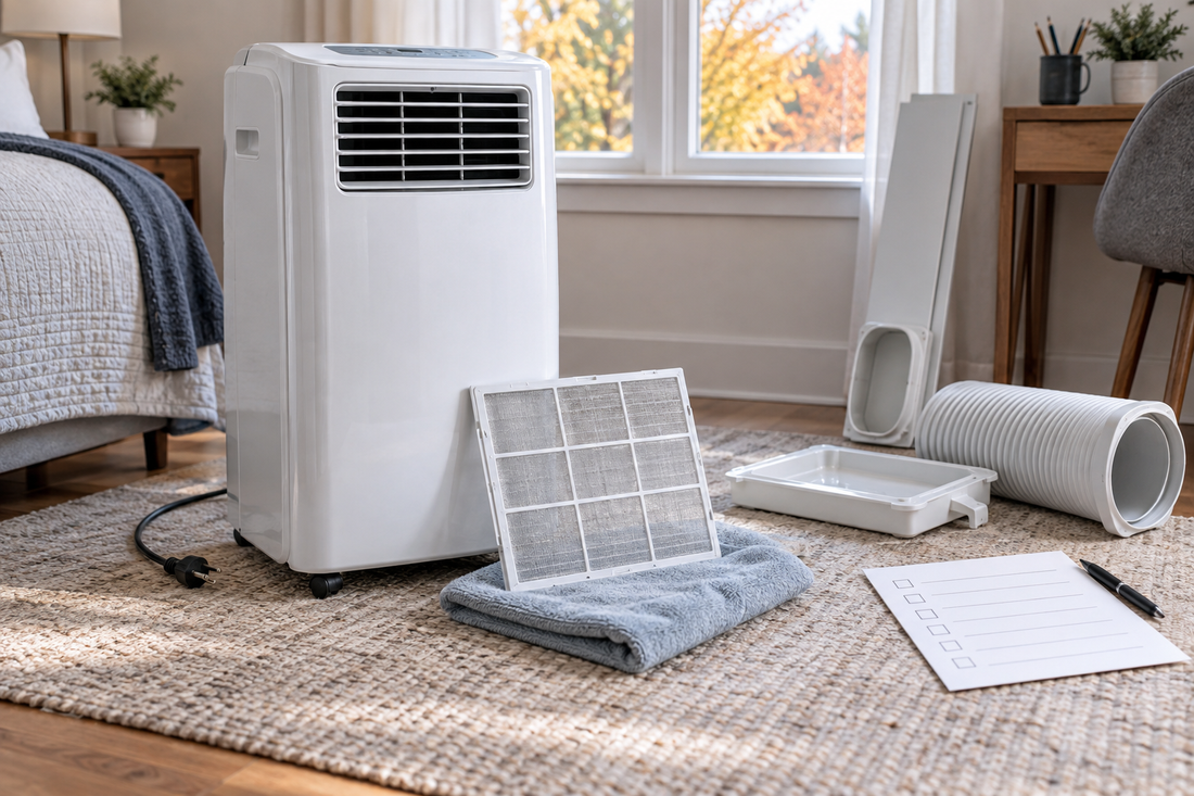 AI illustration of a portable air conditioner being cleaned and prepared for seasonal storage
