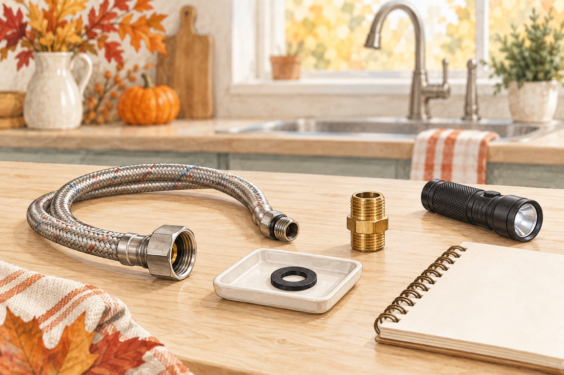 AI illustration of a braided faucet supply hose, separate sealing washer and brass fitting on an autumn kitchen worktable