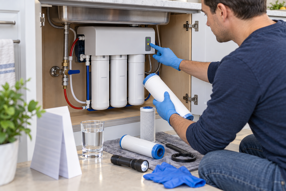 AI illustration of under-sink reverse osmosis filter maintenance with a replacement cartridge