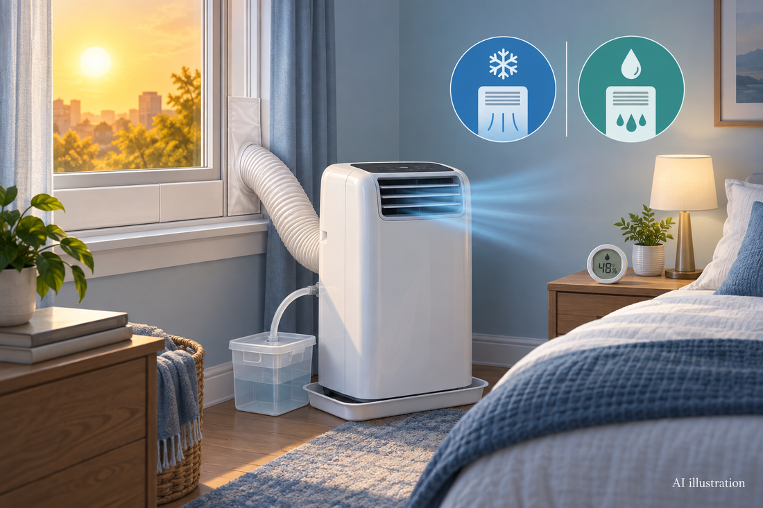 AI illustration of a portable AC with sealed window kit, drain pan, and humidity gauge